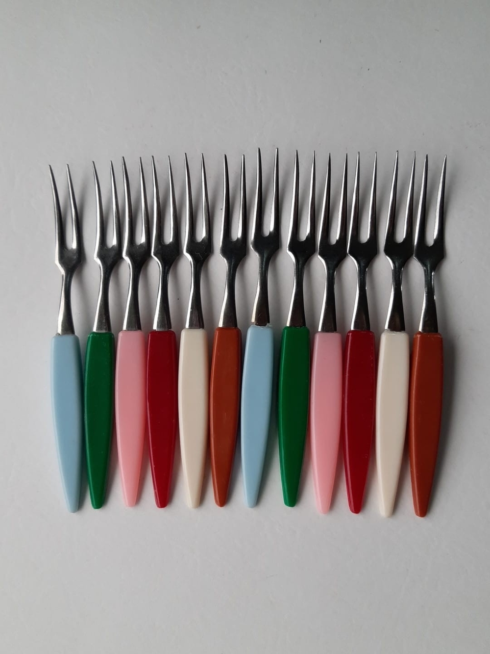 1960s Little Forks Colorful Vintage Dessert Fork Set - Multicolor Handles
